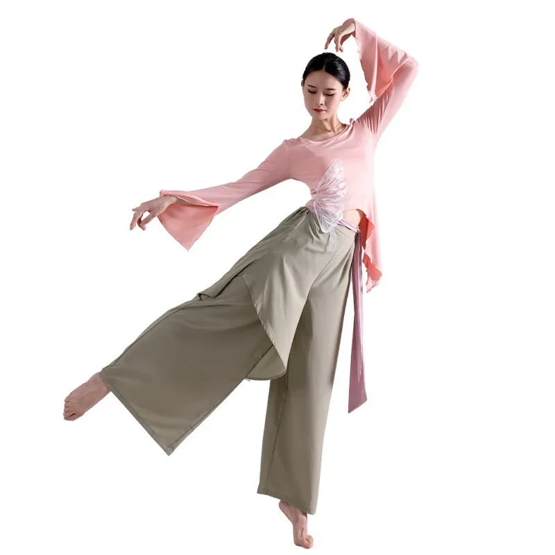 Розовый бамбук, вышивка, бабочка, цветок, классический танцевальный костюм, восточный танец, двойные широкие брюки с разрезом и лентой