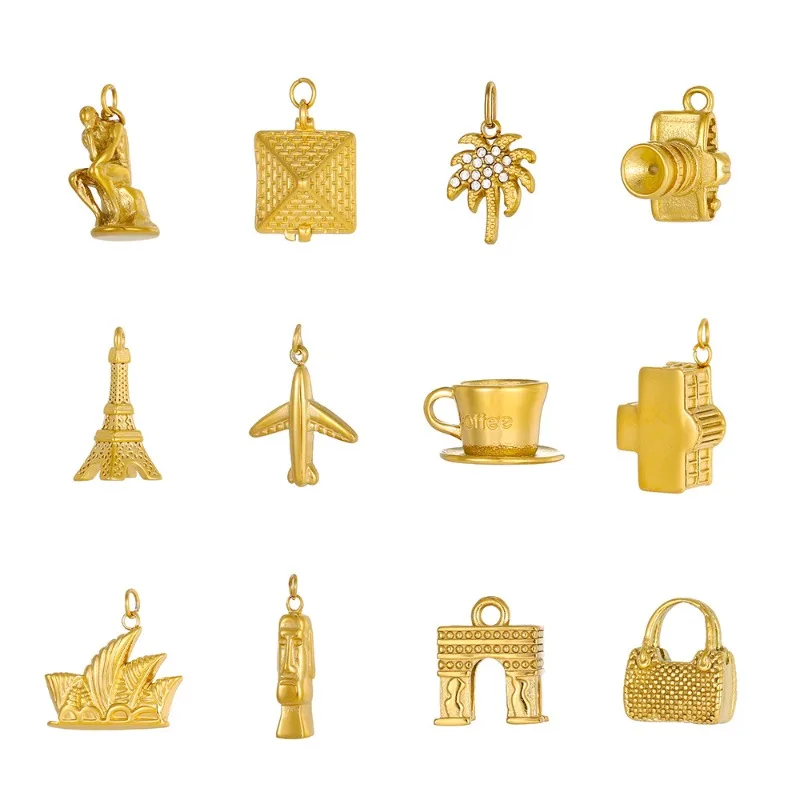 Women Stainless Steel Gold Plated Travel Landmark Building Pyramid Plane Camera DIY Necklace Bracelet Jewelry Making Accessories