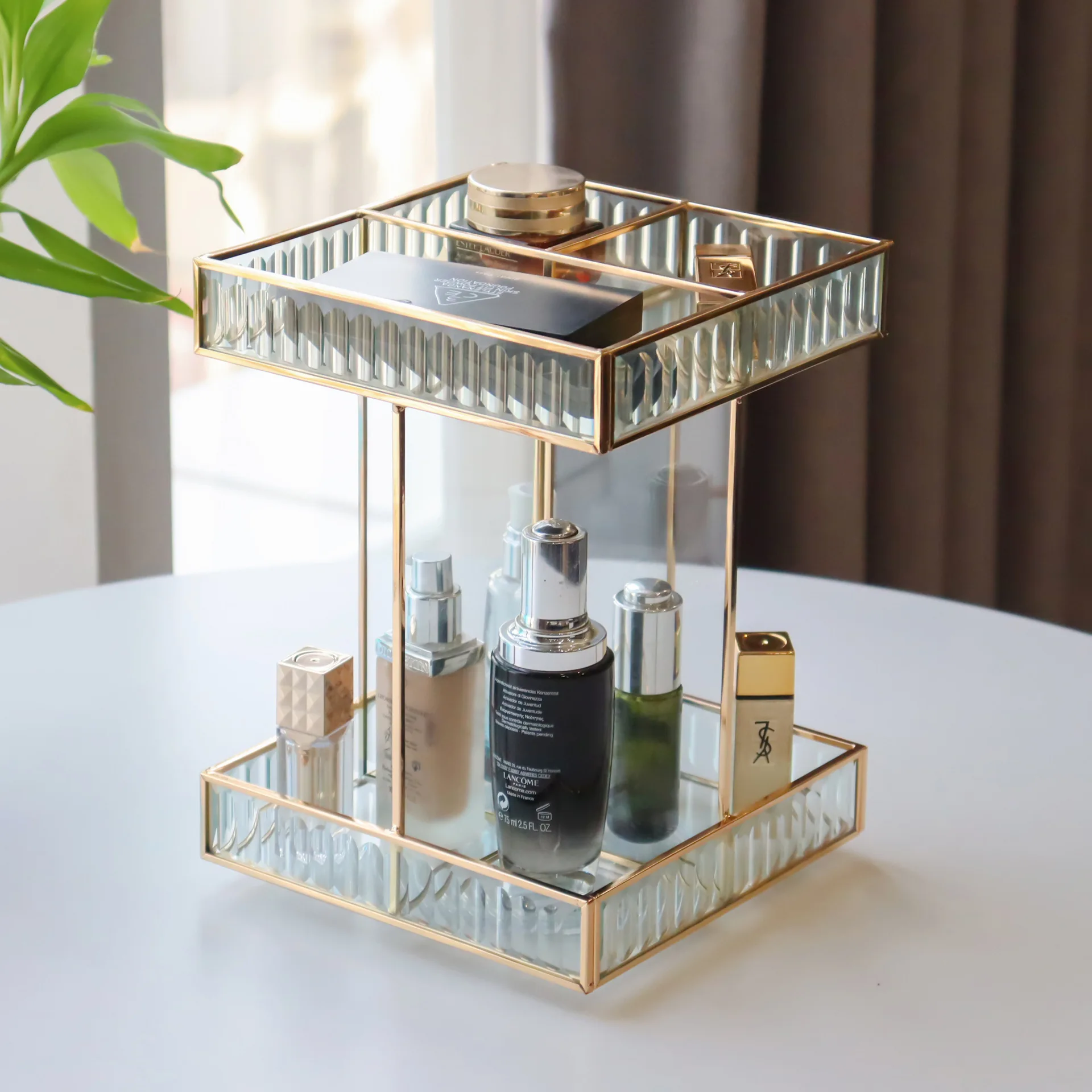 

Shelf Desktop Rotating Cosmetic Shelf Glass Cosmetics Storage Box Dresser Double Layer Skin Care Product Storage Rack