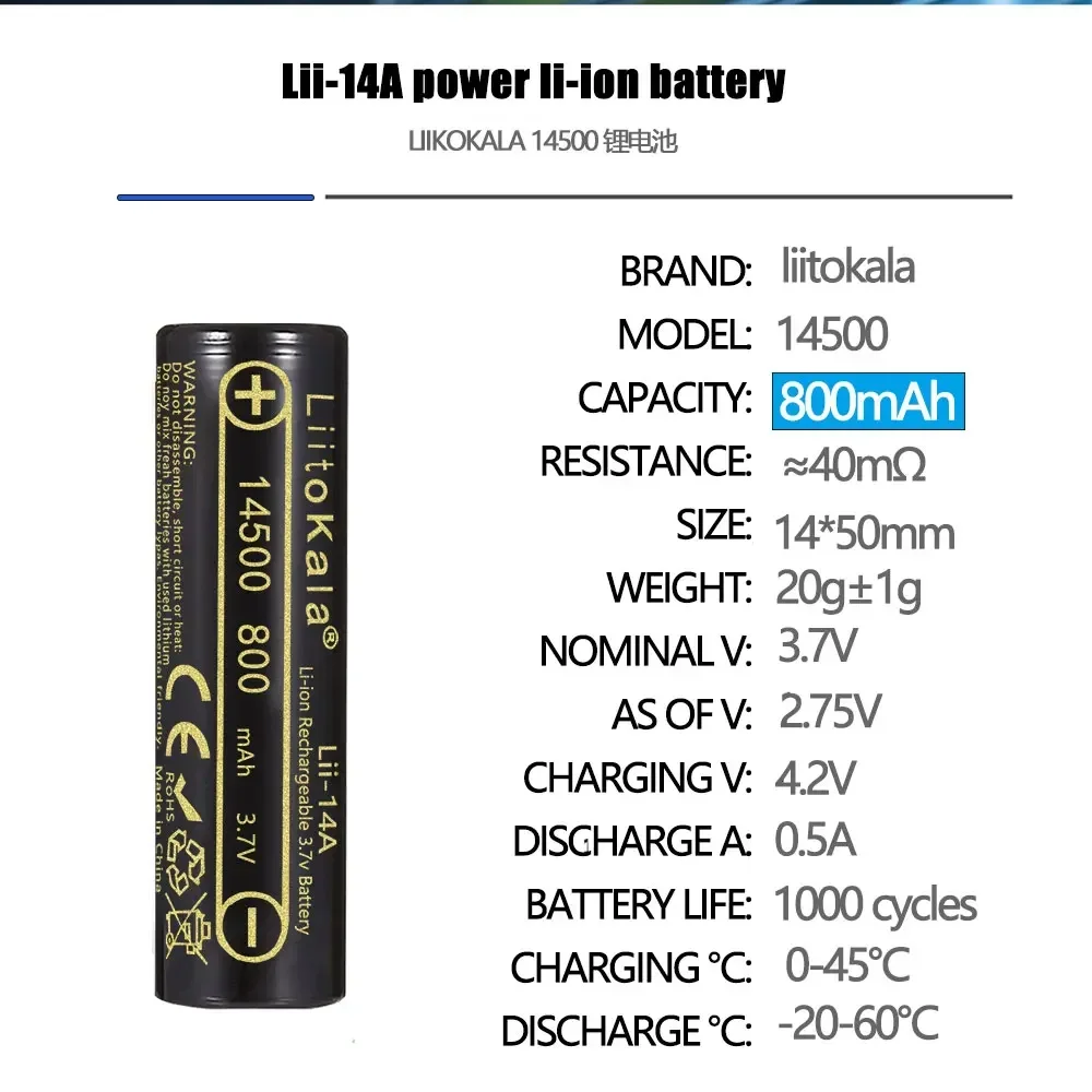 1-100pcs LiitoKala 14500 Lithium-Ion Battery 3.7V 800mAh Rechargeable Battery 1000 Times for LED Flashlight Toys Calculator