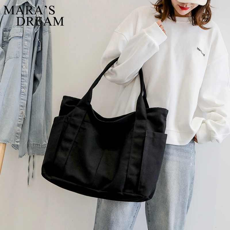 Mara Dream Women Canvas Shopping Bag Solid Color Female Cotton Cloth Shoulder Bag Eco Handbag Tote Reusable Grocery Shopper Bag