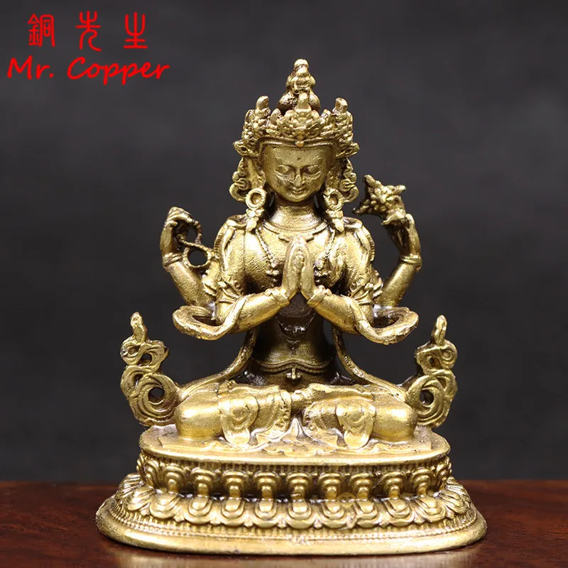 

Antique Copper Four-armed Avalokitesvara Bidhisattva Statue Desk Ornaments Tibetan Patron Saint Figurines Home Decoration Crafts