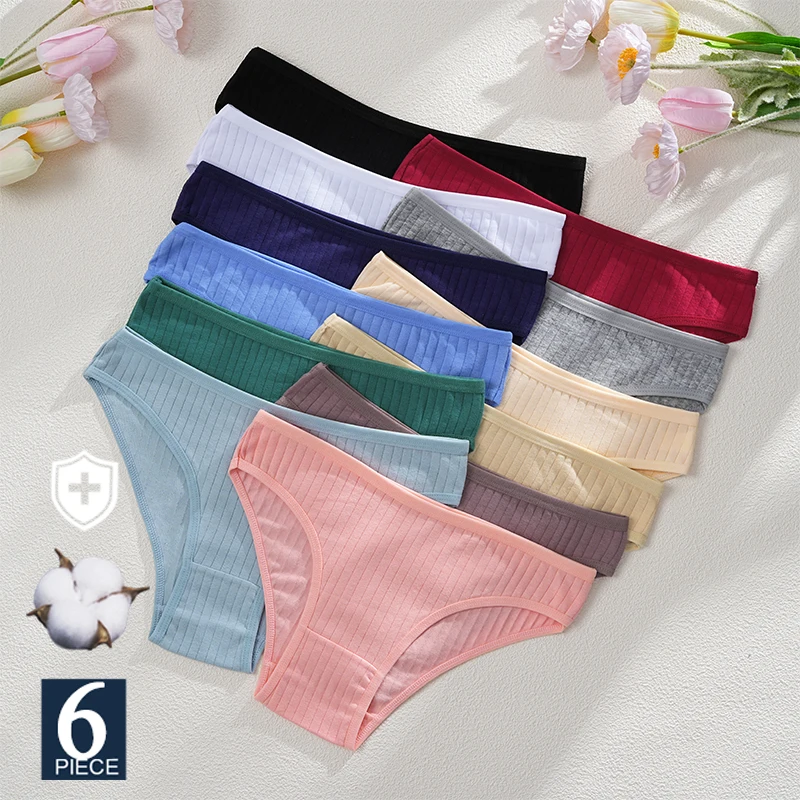 FINETOO 6PCS/SET Cotton Ribbed Striped Underwear for Women Plus Size 12 Soild Colours Stretch Briefs Ladies Soft Lingerie M-XL