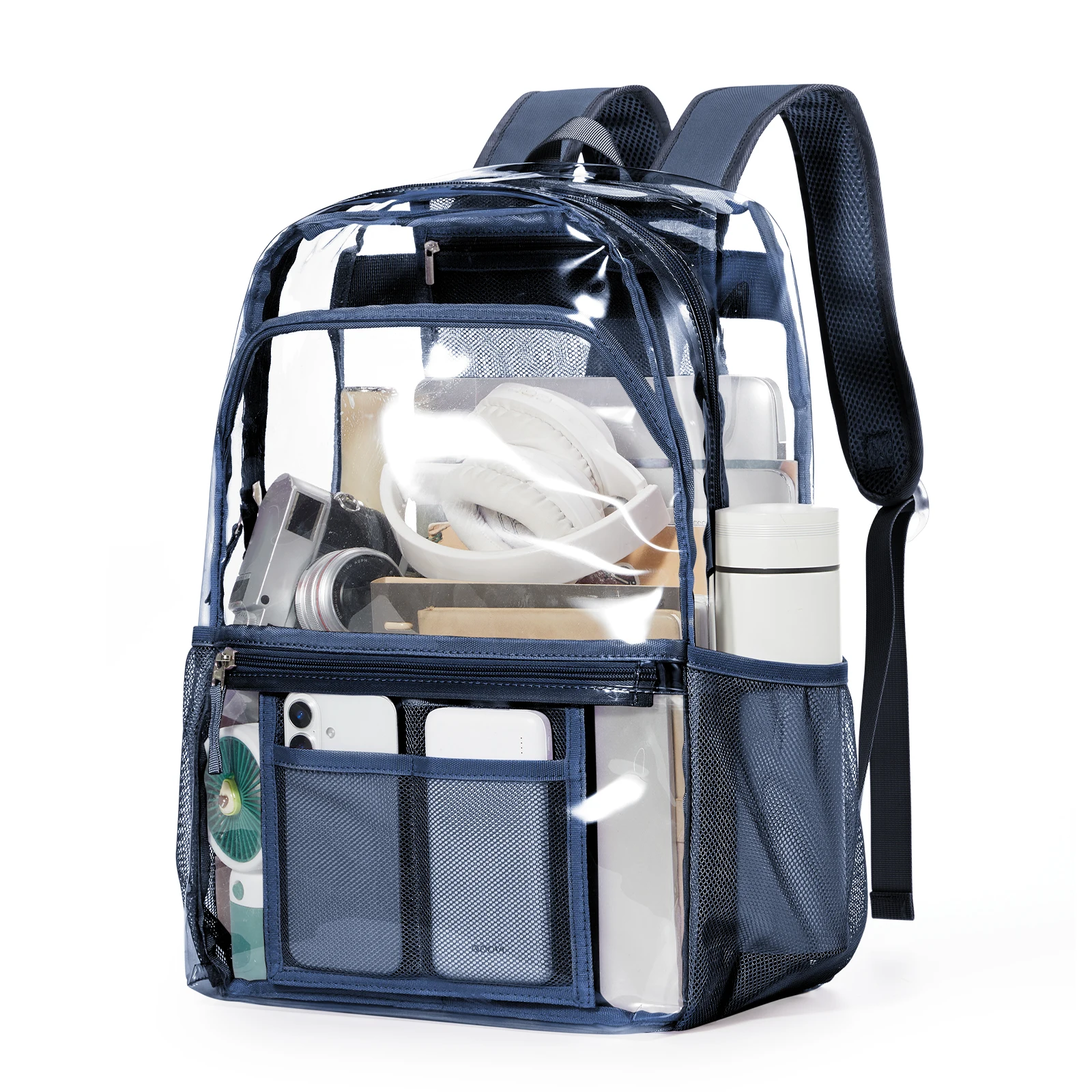 Clear Polyester Backpack - Stylish Transparent Daypack for School Multipocket Transparent Backpack Casual Modern Aesthetic Bag ﻿