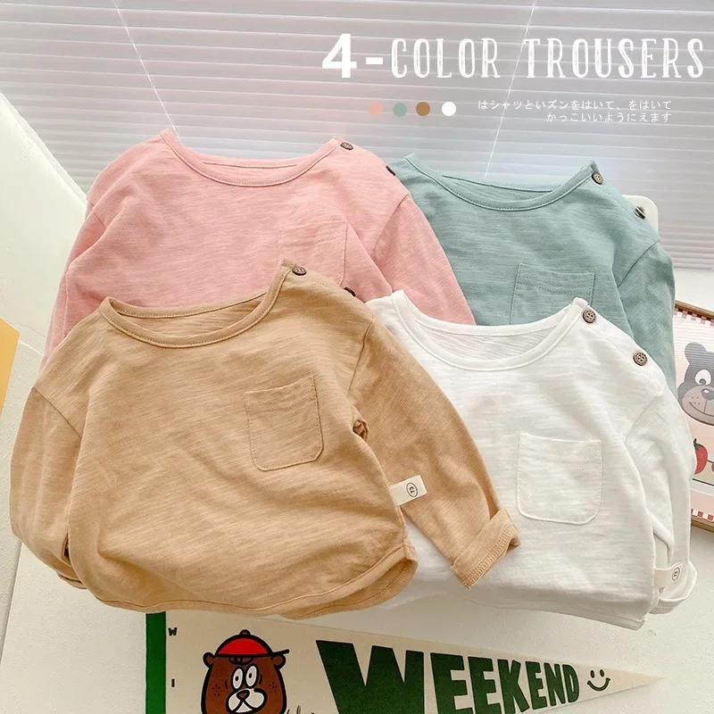 

Spring Solid Color Cotton T-shirts for Baby Boy Kids Cotton Clothes Toddler Girls Long Sleeve Bottoming Shirt Children Tops 0-4Y