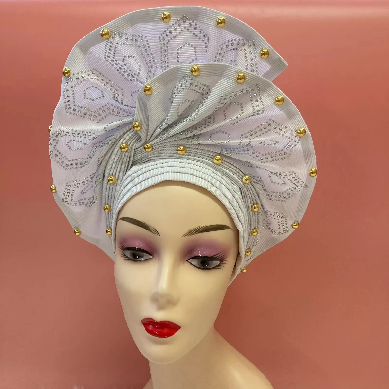 

Beautiful White Nigerian Gele Headtie Aso Oke Gele Already Made Auto Gele Aso African Turban Cap With Beads For Party 1Piece SSX