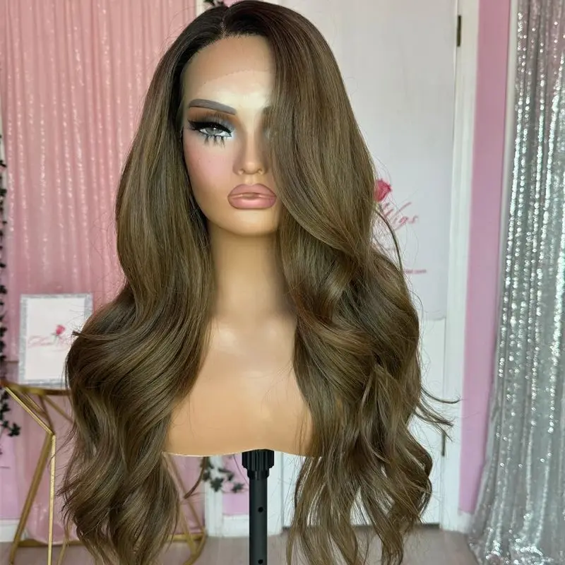 HD Lace Frontal Wig Brunette Dark Ginger Auburn Colored Waves Money Piece Natural Hair Wig Synthetic Fibre 180% High Full Wig