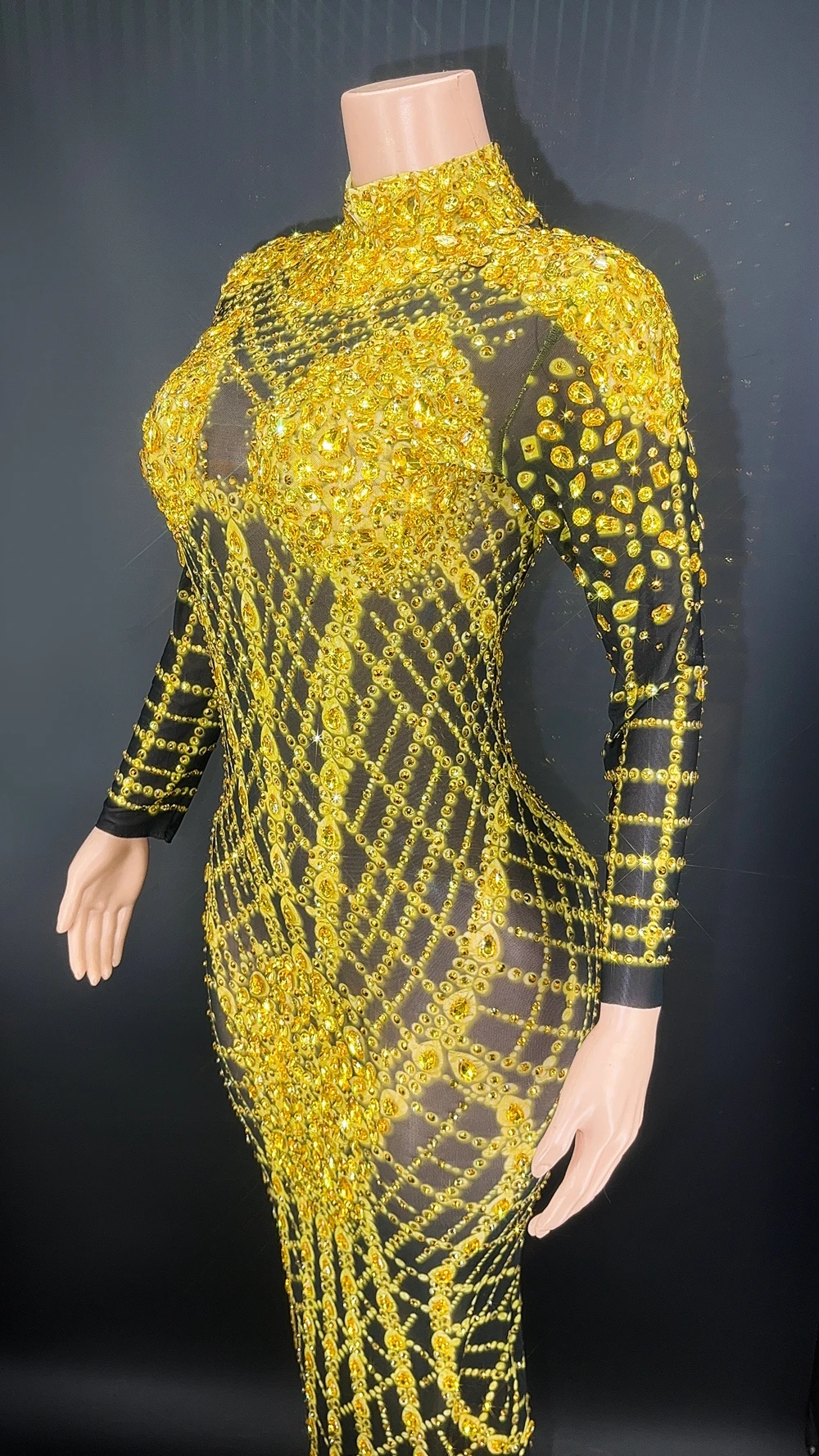 Sexy Mesh Transparent Celebrate Evening Prom Party Birthday Dress Sparkly Rhinestones Performance Show Stage Wear