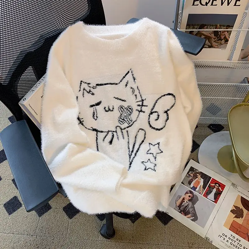 

Solid Vintage Kawaii Cartoon Loose Pullovers Jacquard Sweet Harajuku Grunge Jumpers Y2k Aesthetic Women White Knitted Sweaters