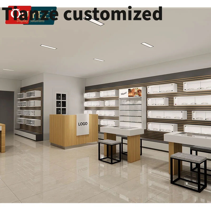 Customized-Retail Fitting Decoration Spectacle Cabinet Optical Shop Design Glasses Showcase Optical Frame Rods Eyewear Display