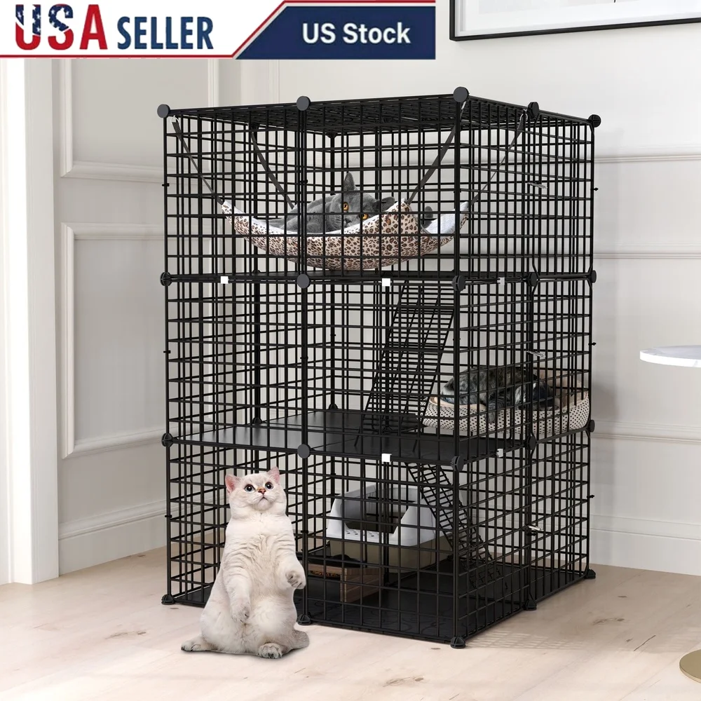 

Spacious 3-Tier Cat Playpen Metal Cage with Extra Large Hammock Durable Easy Access Interactive Fun Kittens and Small Animals