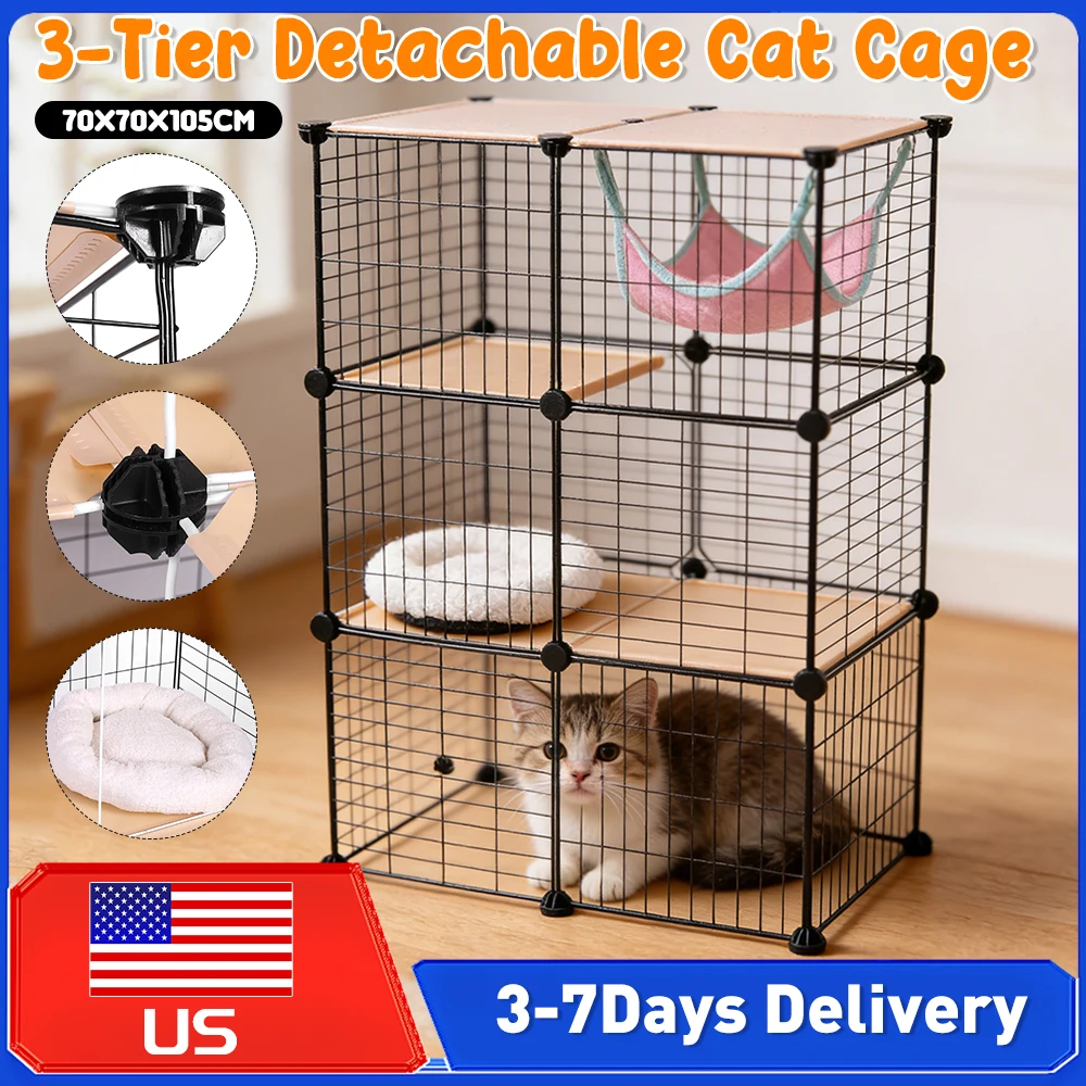 

Трехуровневая разборная клетка для кошек, комнатный вольер с гамаком, проволочный манеж-клетка, просторная зона для 1-3 кошек/котят