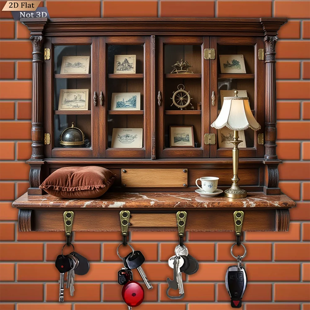 2D flach, 1 Stück, europäischer Retro-Schlüsselhaken, multifunktionaler Haus-Haus-Schlüsselhaken aus Holz, mit vier Metallhaken, Wanddekoration,