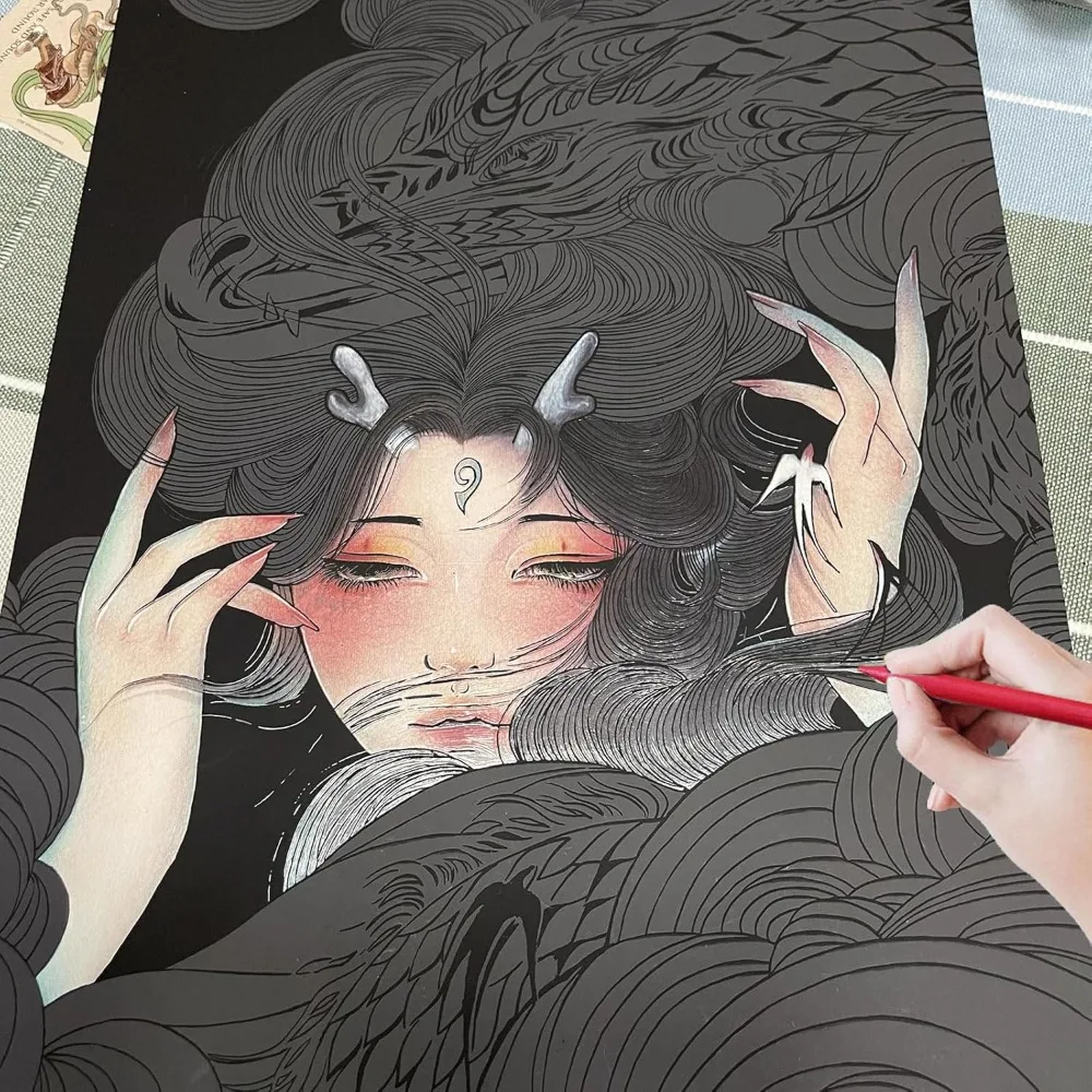 Adult scratch art, 16x11 inches, 4 sheets, rainbow scratch paper and 5 scratch tools