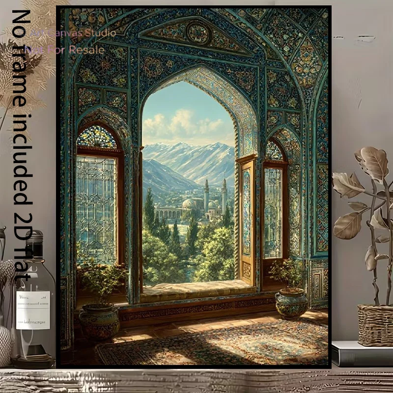 2D Flat, 2D Flat, [2D Flat] 1pc Decorative Canvas Painting Exquisite Islamic Style Arch Window And Snow Mountain Landscape Ca