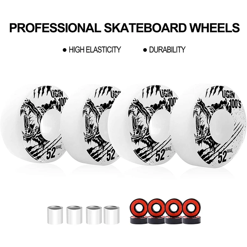 UGIN 52mm Skateboard Wheels with ABEC-9 Bearings and Spacers Cruiser Wheels (Pack of 4),White