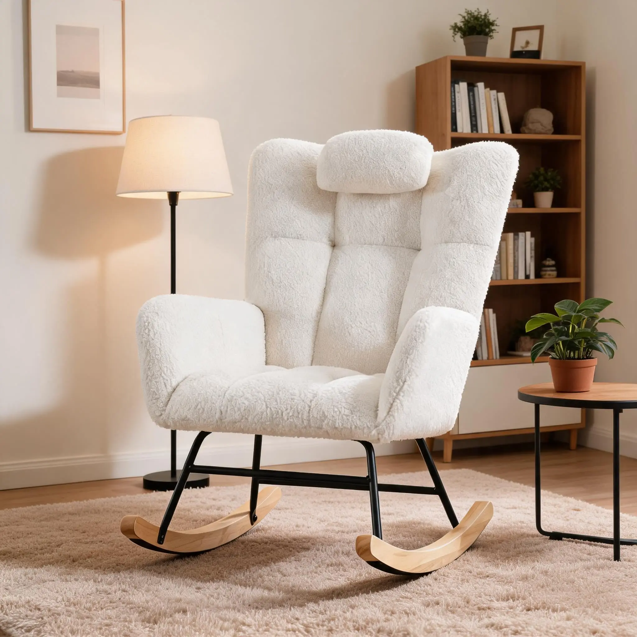 Rocking Chair Nursery Glider Chair Upholstered Padded Seat Rocker | Fleece Fabric, Padded Seat with Headrest, Sturdy Wood Frame, Accent Rocker for Living Room Nursery Home