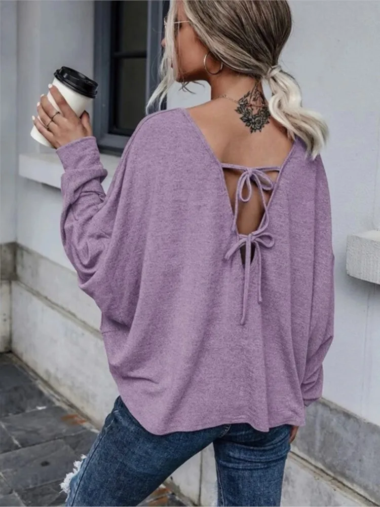 Spring Autumn Women's New Solid Color Loose Sexy Hollow Lace Open Back Shoulder Casual Comfortable Round Neck T-shirt