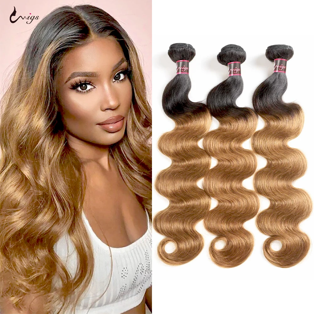 T1B/27 Honey Blonde Human Hair Extension Bundles 30Inches Ombre Body Wave  Brazilian Hair Weave 3 Bundles Body Wave Remy Hair