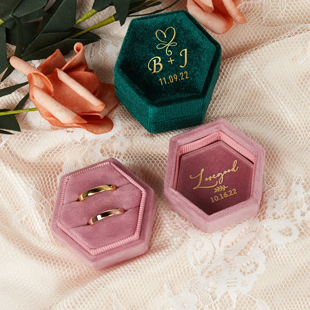 Personalized Hexagon/Octagon Velvet Ring Box Wedding Engagement Bridal Photo Props Single/Double Slot Ring Bearer Box Retro