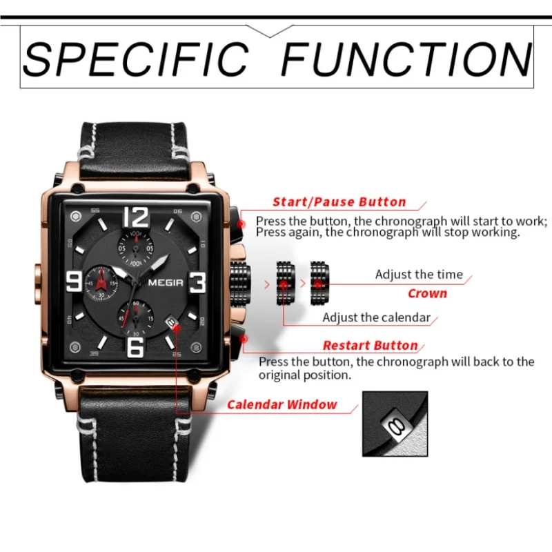 MEGIR 2061 Luxury Business Men\'s Watches Multifunctional Square Dial Waterproof Steel Luminous Calendar Fashion Wristwatches