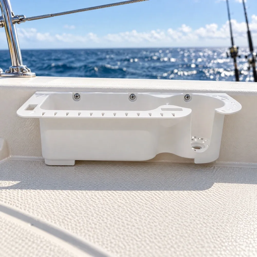White Plastic Marine Storage Box Rectangular Shape with Mounting Flange for Boats Yachts Kayaks 345x131x90mm Drainage Design