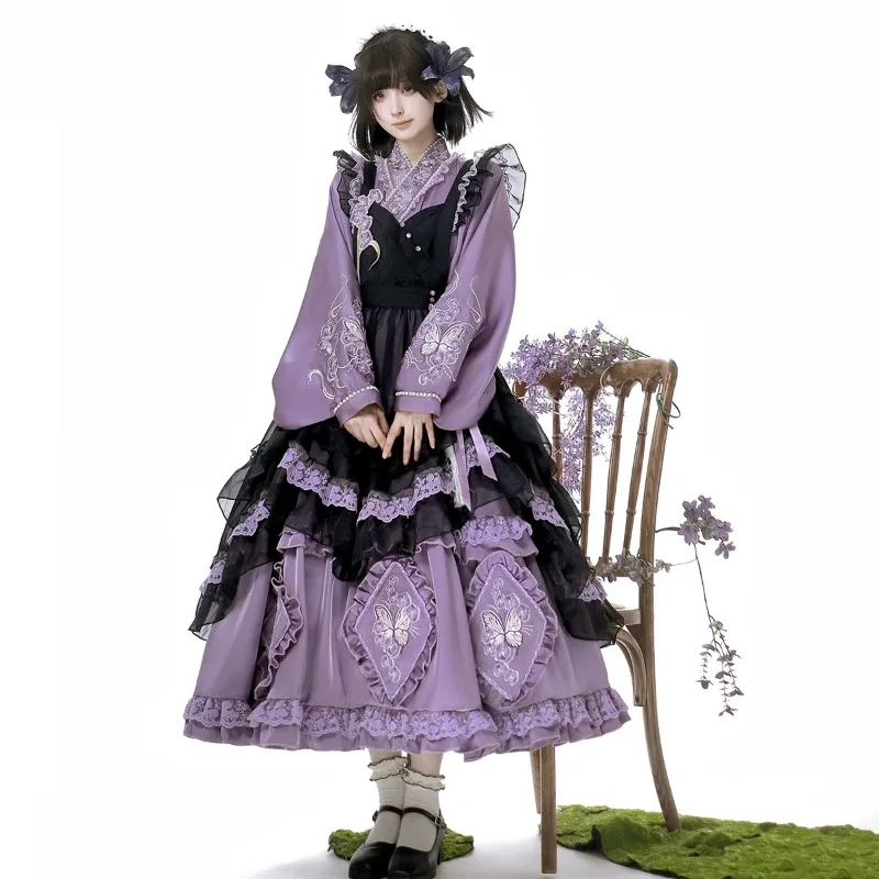 2025 New Japanese Lolita Original Literary Girl Retro Purple Skirt Sweet Horn Sleeves Turtleneck Court Elegant Lady Jk Dress Set