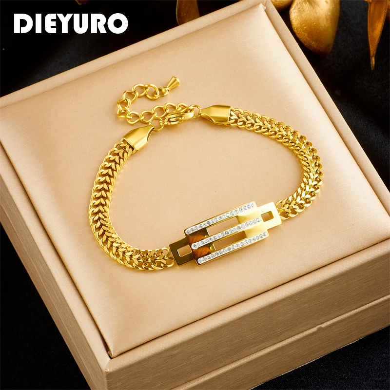 DIEYURO 316L Stainless Steel Geometric Rhinestones Bracelet For Women Luxury Fashion Gold Color Chain Jewelry Girl Gift Party