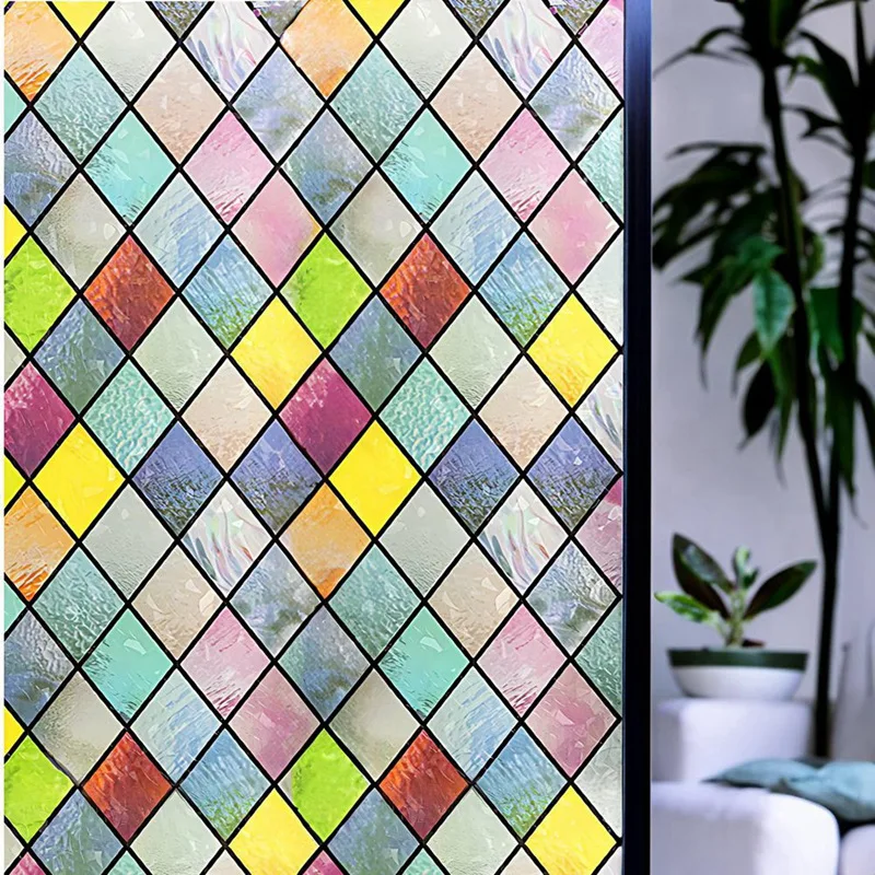 Privacy Window Film, Stained Glass Rainbow Window Tint, Glue Free 3D Decorative Window Stickers For Home, Office Durable 45Cm