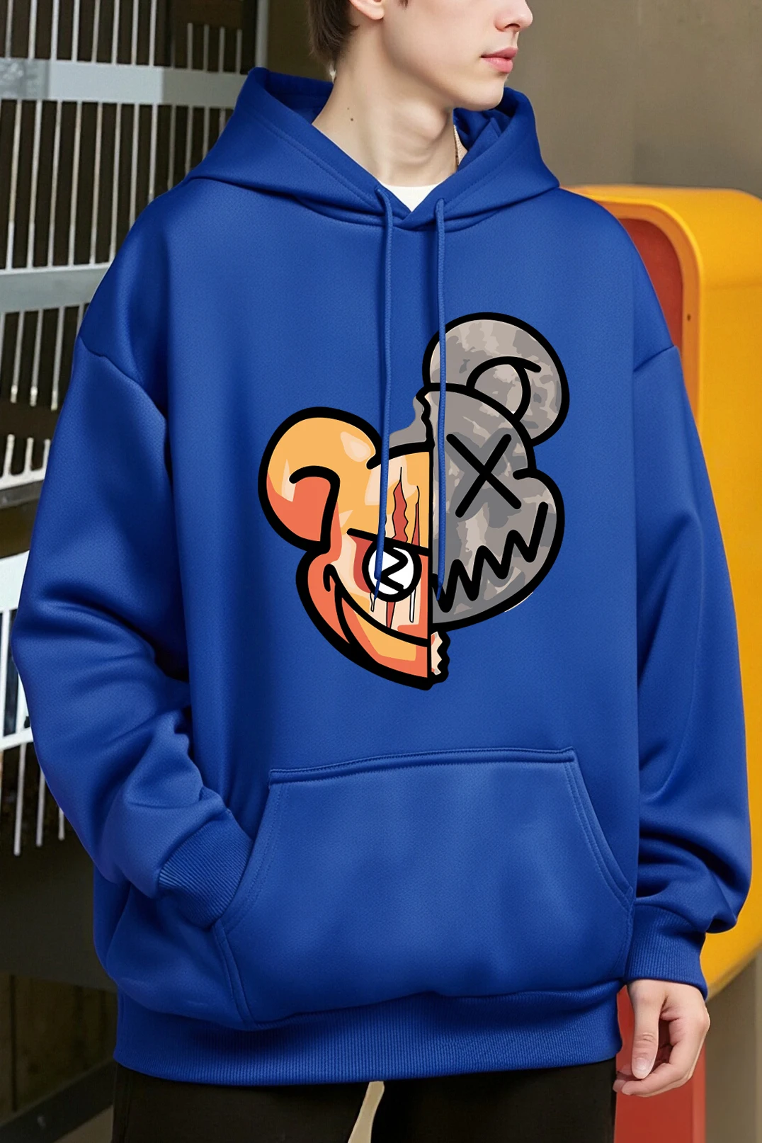 Freche Bär Cartoon-Muster Druck Männer Hoodies Tasche Oversize Weiche Streetwear Casual Hoodie Herbst Fleece Persönlichkeit Pullover
