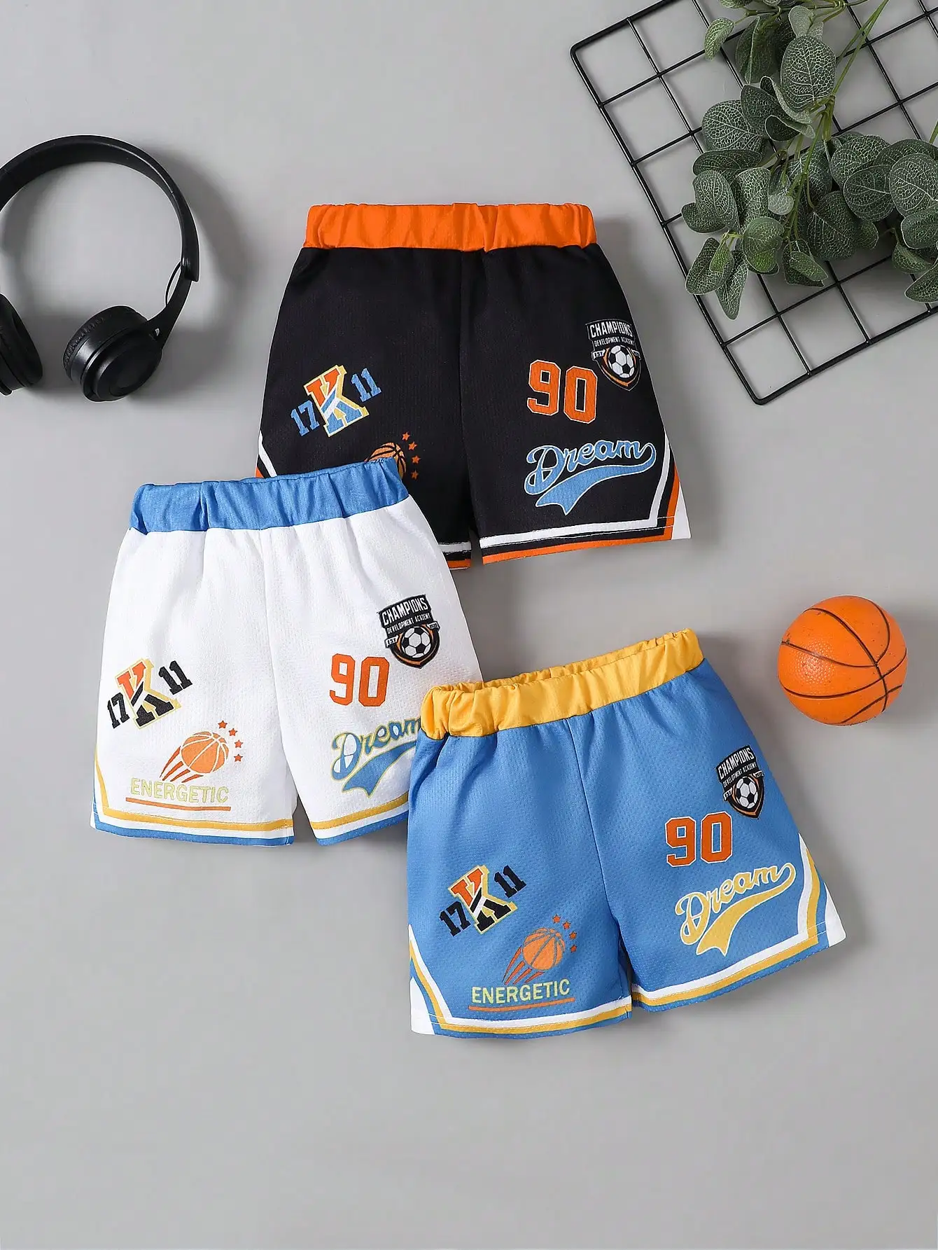 

Summer Baby Boy Color-Block Printed Sports Shorts 3-Piece Set Summer Boy Breathable And Cool Basketball Short Pants 3-Piece Set
