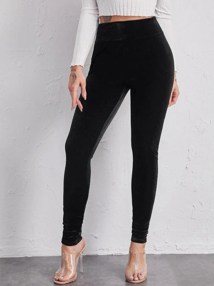OUMENGKA Spring Elastic Waistband Velvet Skinny Women\'s Pencil Pants Stretch Slim Trousers Female Pencil Leggings S-4XL