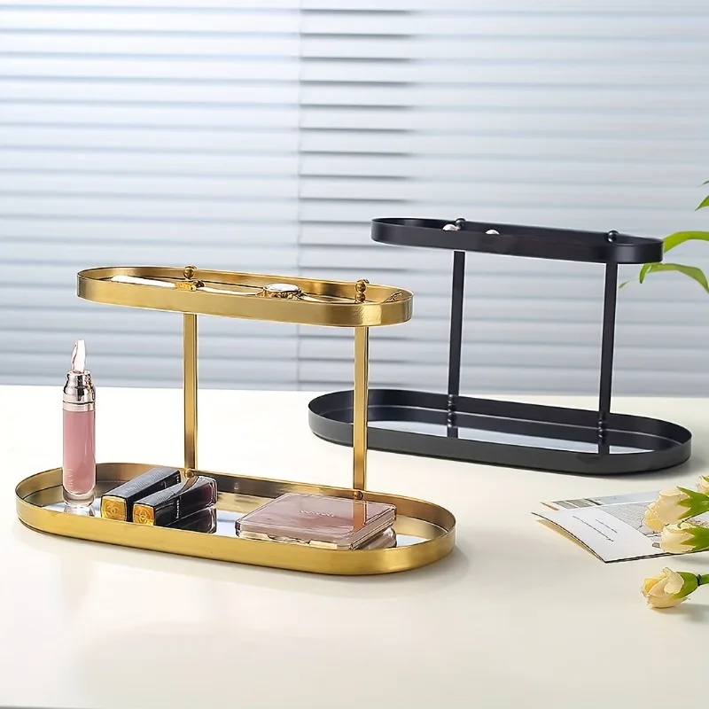 Mirror Double-Layer Jewelry Tray, Two-Tier Storage Rack for Cosmetics, Jewelry, And Watches, Made of Stainless Steel