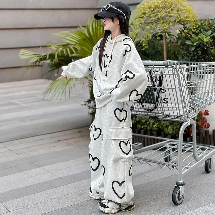 Girls Spring and Autumn Sets 2024 New Korean Children Printed Loose Hoodie Casual Work Long Pants Two Piece Set