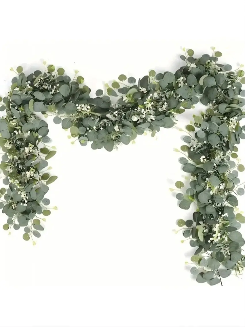 1Pc Artificial Eucalyptus Leaves Greenery Garland Faux Plant Spring Vines with White Flowers Berries for Wedding Home Party Decor