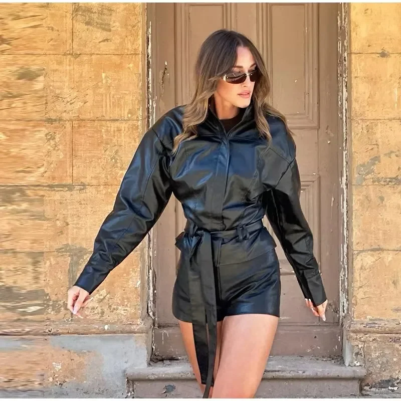 Stand-up Collar Buckle Belted Leather Jacket Women Long Sleeved Waist Lace Up Slim Fit Coat Autumn Chic Street 2026 New Outer
