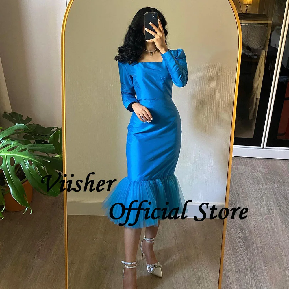 Visher blau Meerjungfrau Abendkleider Langarm Vierkant falten Tüll Abschluss ball Party kleid Tee Länge Dubai Arabisch Abendkleid