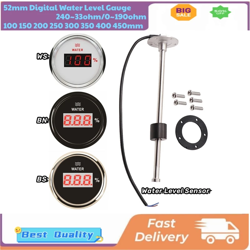 52mm 240-33ohm or 0-190ohm Signal Digital Water Level Gauges with 100 150 200 250 300 350 450mm Sending Unit Water Level Sensors
