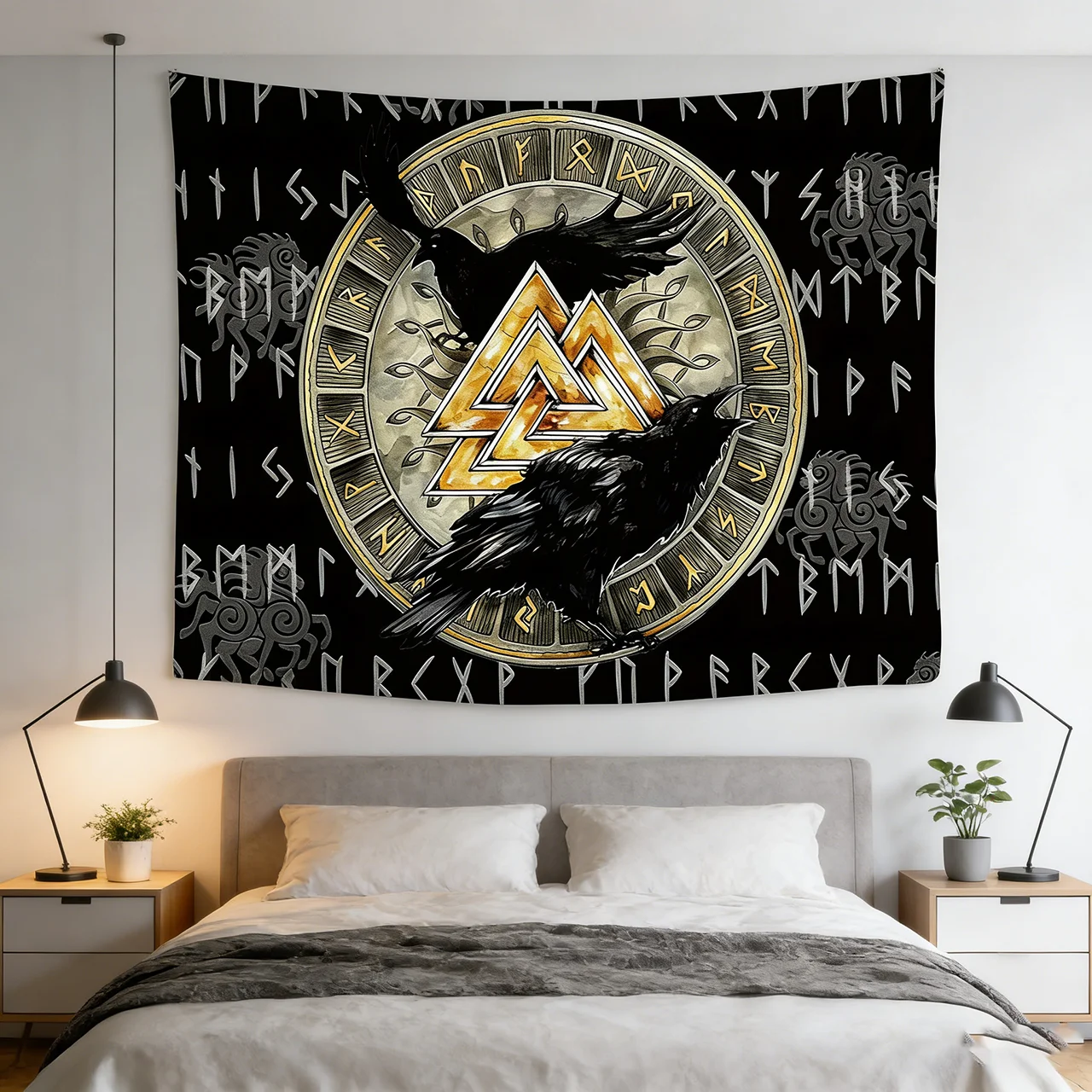 Nordic Viking Tapestry | Flat Printed Mysterious Raven & Rune Wall Hanging for Mens Bedroom & Living Room Viking Style Decor
