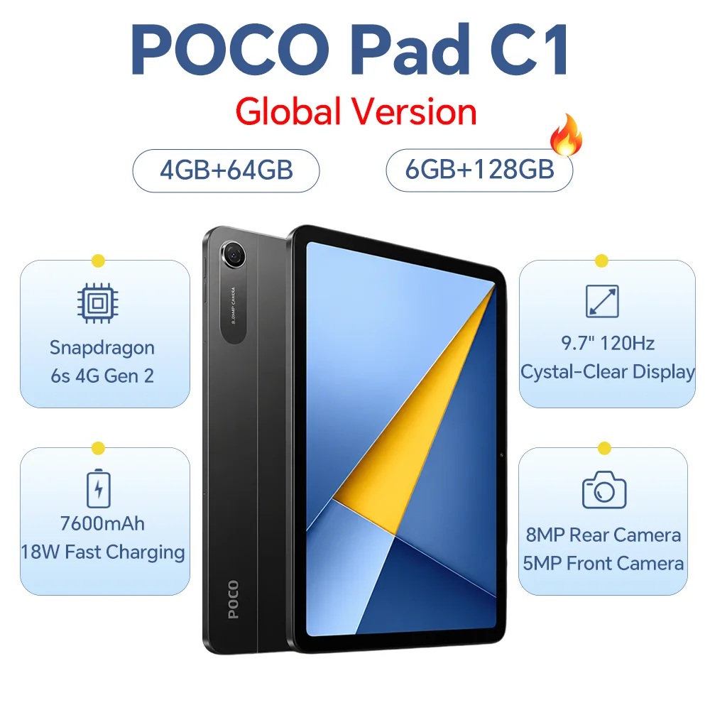POCO Pad C1 Global Version Tablet Snapdragon 6s 4G Gen 2 9.7" 2K 120Hz Display 7600mAh Battery 18W Fast Charging Wi-Fi