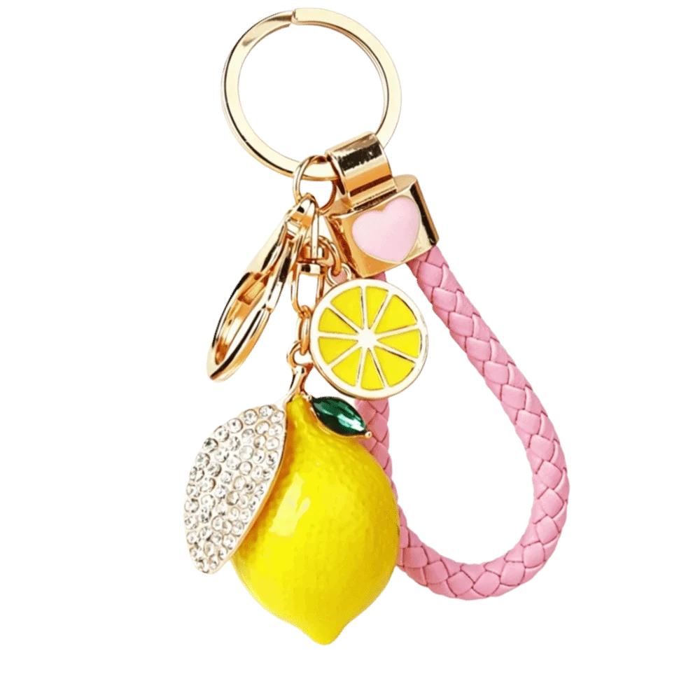Süßer Zitronen-Schlüsselanhänger aus Legierung, kreativer Fruchtform-Anhänger mit geflochtenem Seil, Taschenanhänger, 3D-Metall-Schlüsselring, Geschenk – Detail 9