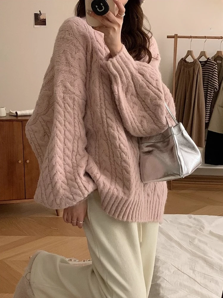 Solid Sweaters Women Slouchy Twisted Soft Loose Girlish Korean Style Elegant Gentle Aesthetic Temperament Pullovers Cozy Daily