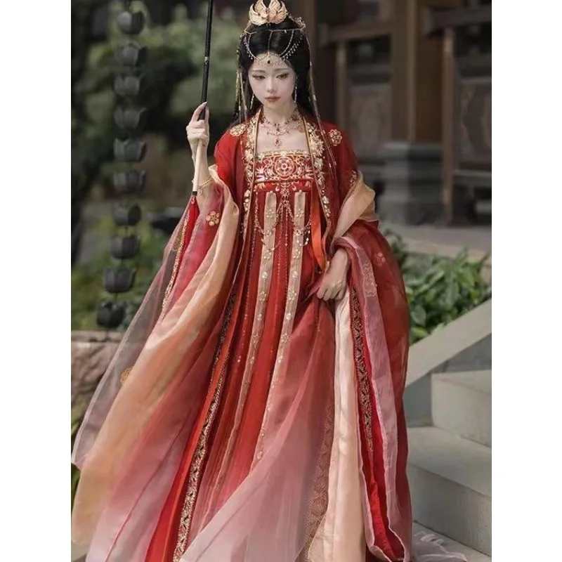 Black and red gorgeous Tang style big-sleeved cloak chest-length skirt Hanfu new daily heavy industry women