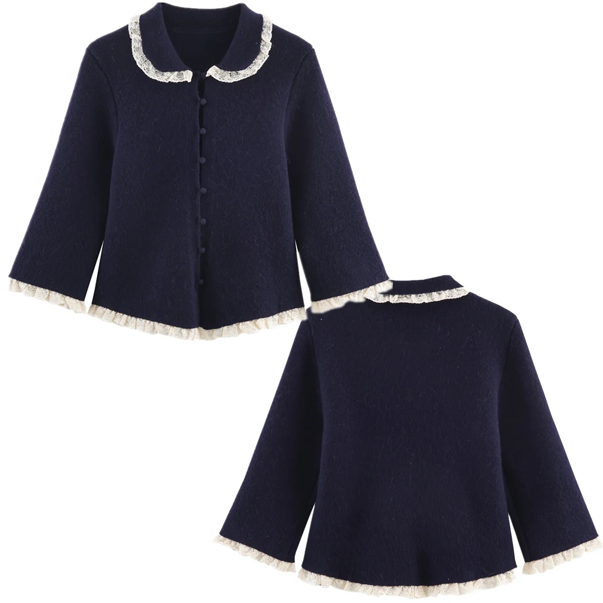 

Maxdutti Minimalist Navy Lace Splicing Tops Women's French Vintage Women's Sweater Knitwear Woman Clothing Woman Clothes Cardiga