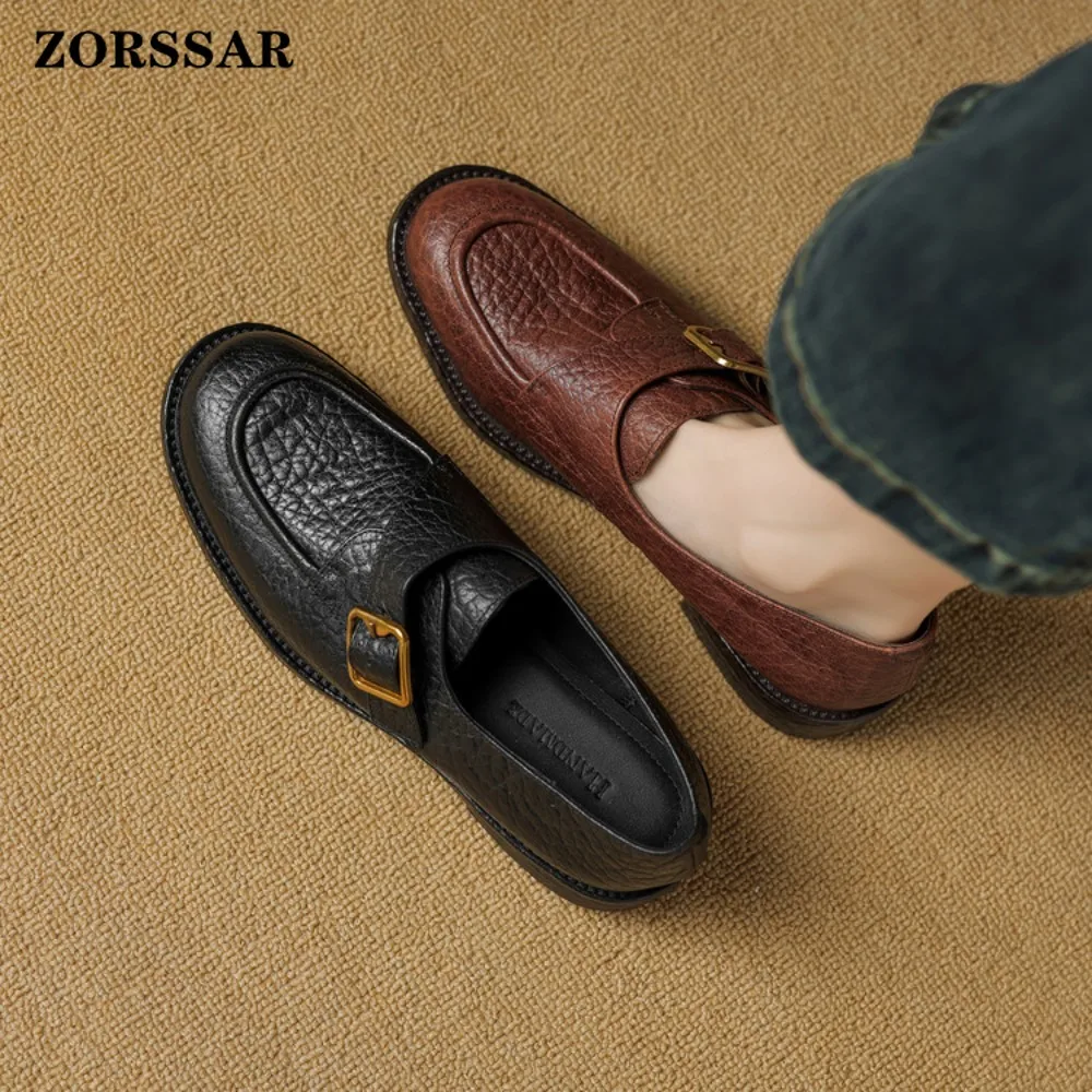 

2026 Spring Autumn Ladies Genuine Leather Falt Shoe Vintage Versatile Loafers British Style Fashion Anti-slip Dress Women's Flat