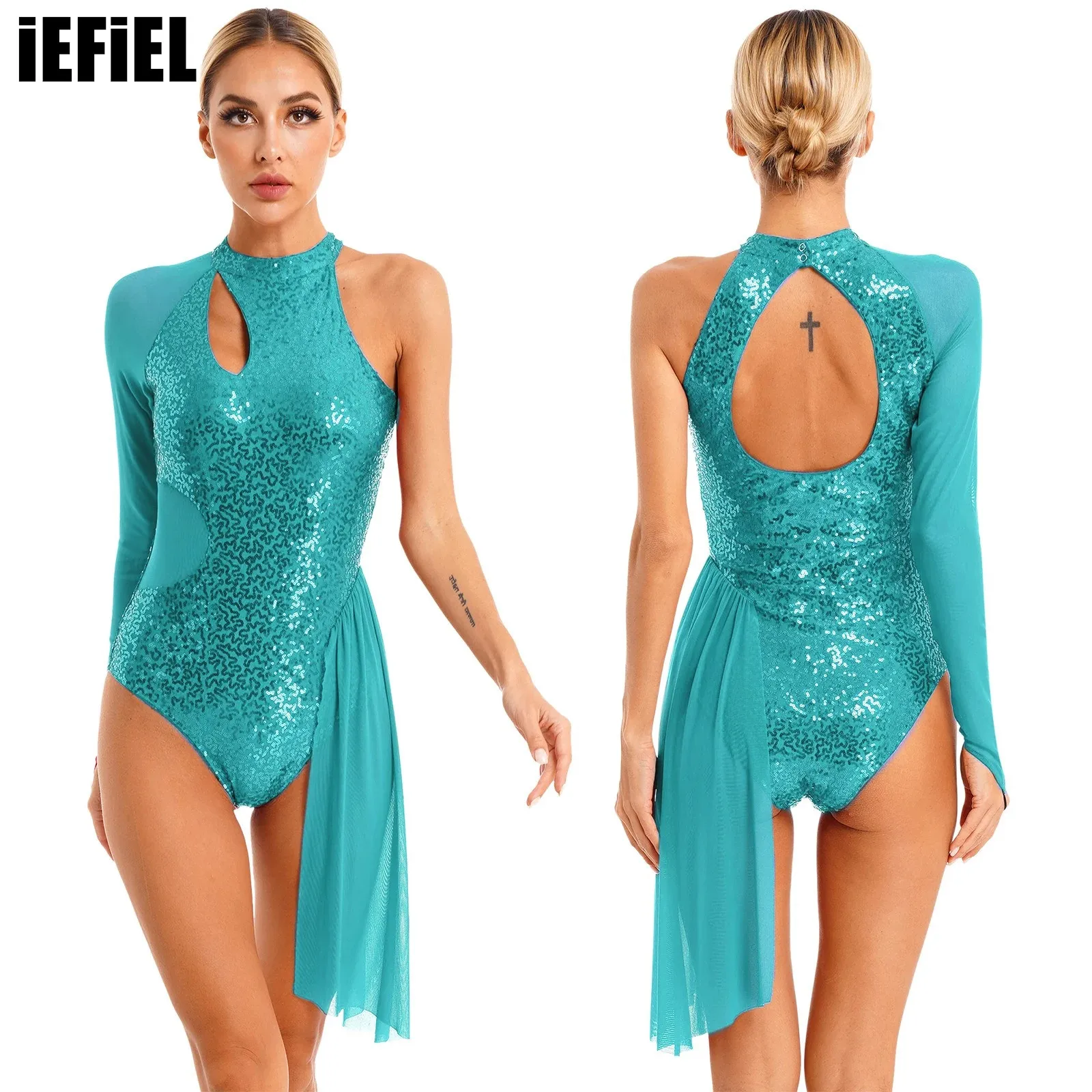 

Glitter Sequins Ballet Leotard Women Figure Skating Dress One Shoulder Sheer Mesh Long Sleeve Halter Dance Dresses