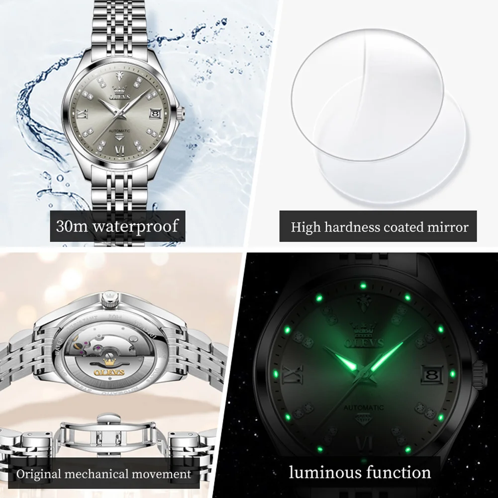OLEVS Grey Women\'s Watches Elegant Fashion Automatic Mechanical Watch for Lady Luminous Date Waterproof Stainless Steel Simple