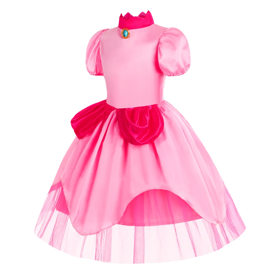 Kids Pink Princess Dress with Puffy Sleeves and Tiara Halloween Birthday Party Costume for Girls Ball Gown Peach Princess Dress