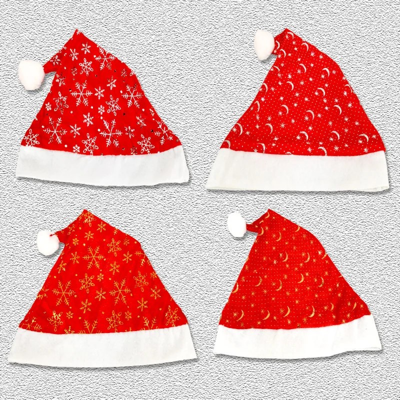 Single Layer Red Velvet Christmas Hat - Gold Foil Printed Snowflake Star Moon Design, Festive Holiday Party Cap for Adults