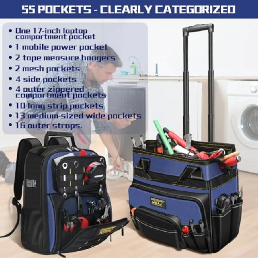 21 حقيبة أدوات المتداول مع عجلات 18 أداة حقيبة الظهر مجموعة قابل للتعديل تصغير مقبض مقاوم للماء أداة حقيبة أداة على ظهره الثقيلة Du #6